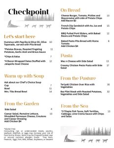 Checkpoint Menu at Hotel NoBo in Cascade, Idaho