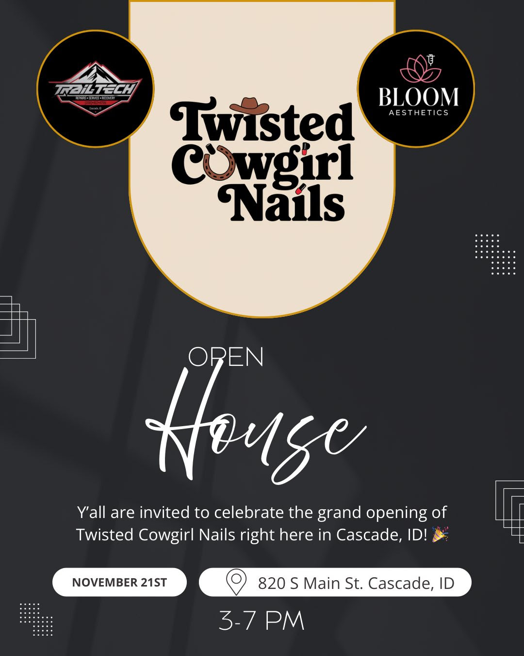 Twisted Cowgirl Nails open house in Cascade, Idaho