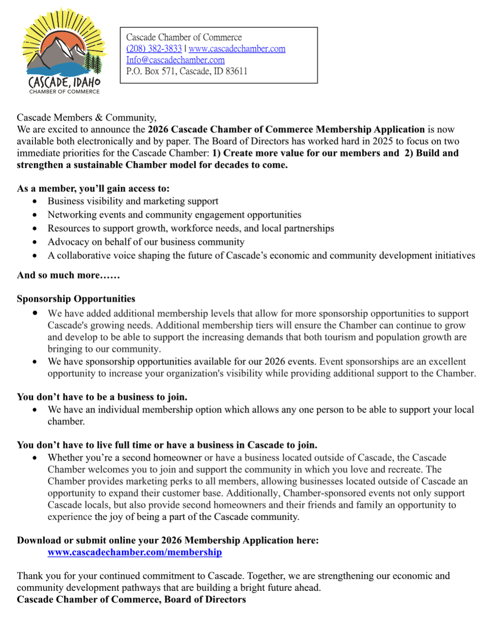 Cascade Chamber Member Letter in Cascade, Idaho